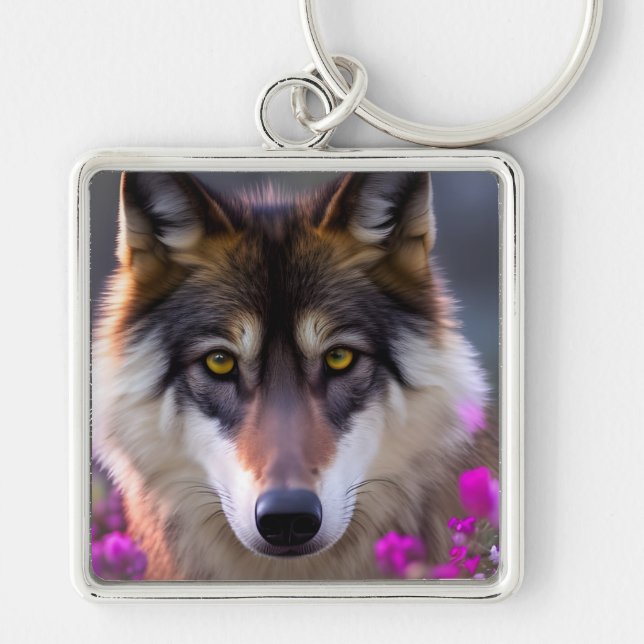 Llavero Lobo joven con flores rosadas (Frente)