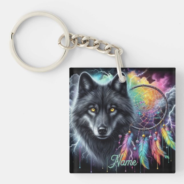 Llavero Lobo Negro con Cazador de Sueños (Frente)