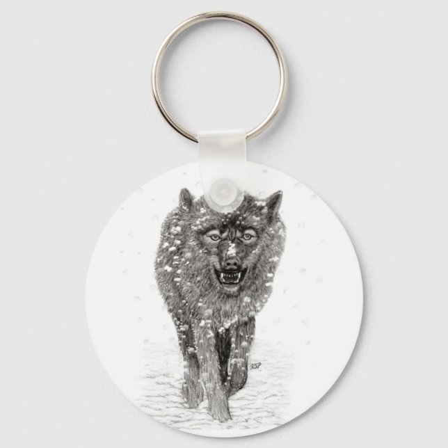 Llavero Lobo negro enojado en la nieve, invierno salvaje (Anverso)