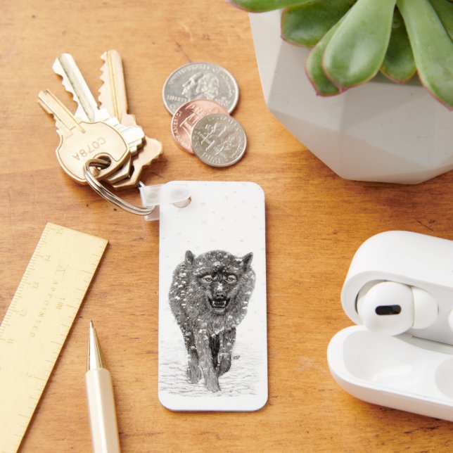 Llavero Lobo negro enojado en la nieve, salvaje keychai de (Escritorio )