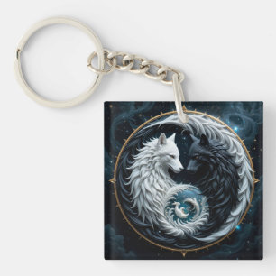 Llavero Lobos Negros y Blancos en Símbolo Cósmico Yin-Yang