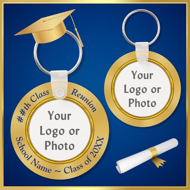 Llavero LOGO escolar, FOTO, clase de TEXTO Ideas de regalo (Blue Gold, Class Reunion Party Favors with School Photo or Logo. Inexpensive Class Reunion Gifts.   )