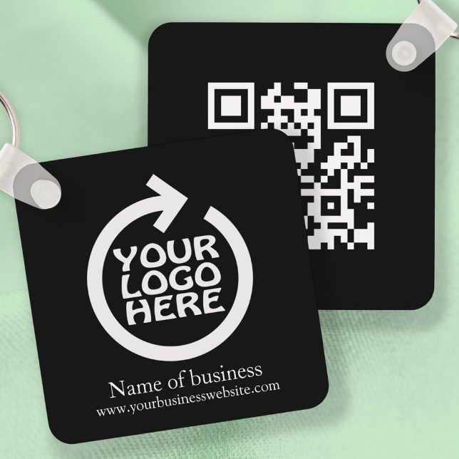 Llavero Logotipo y código QR Personalización de negocio (Logo and QR Code Personalized Business Keychain by Ricaso. Easy edit template. Add your own logo)