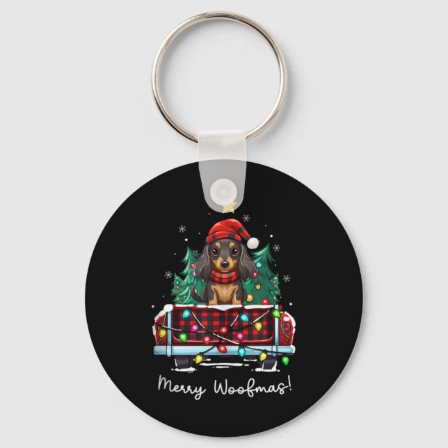 Llavero Long Haired Dachshund Christmas Dog Truck Plaid Fu (Anverso)