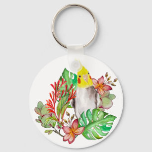 Llavero Loro de Corella en plantas tropicales y flores