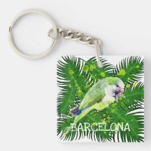 Llavero Loro verde y hojas de palmera acuarela