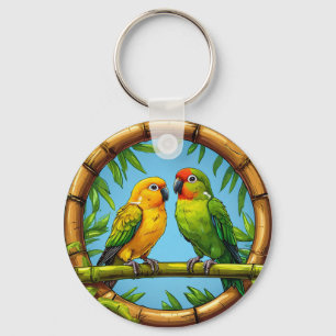 Llavero Loros Coloridos Posados en un Marco de Bambú