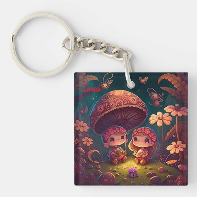 Llavero Los adorables elfos juegan bajo hongos (Frente)