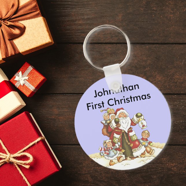 Llavero Los primeros Navidades del bebé se burlan de los S (Santa with group little children in snow on baby's first Christmas blue keychain.)