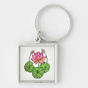 Llavero Loto rosa acuarela con manchas y hojas