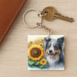 Llavero Love Dogs Border Collie Sunflower Acrílico Keychai