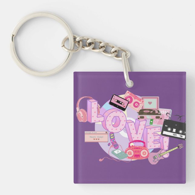 Llavero LOVE Keychain – Pink & Purple Retro Music Memories (Frente)
