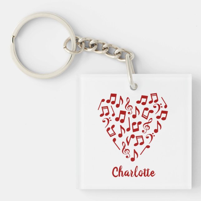 Llavero Love Music Heart of Red Music Notes with Name (Frente)