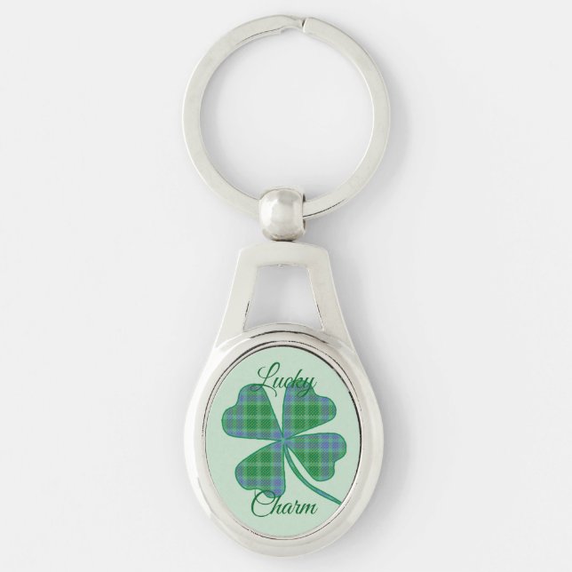 Llavero Lucky Green Plaid Shamrock Four-Leaf Clover  (Anverso)