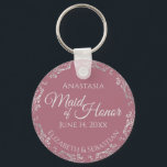 Llavero Lugar plateado sobre la desvencijada empleada del<br><div class="desc">Estas hermosas cadenas están diseñadas para ser entregadas como un regalo o un favor de boda a tu criada de honor. El diseño es elegante y está decorado con un Relieve metalizado gris plateado con texto gris claro sobre un rosa polvoriento o un fondo rosa malva. Hay espacio para su...</div>