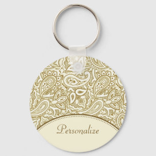 Llavero Lujo dorado e Ivory Paisley Damask con nombre