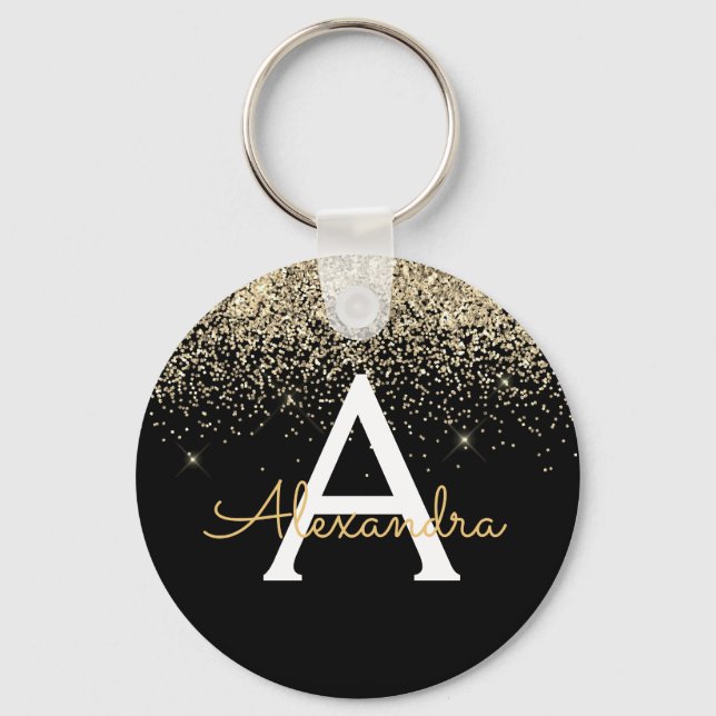 Llavero Lujo Glitter Monograma Negro Oro (Anverso)