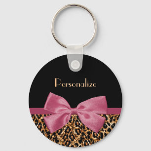 Llavero Lujo Gold Fur Leopard Print Mauve Bow Con Nombre