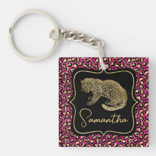 Llavero Lujo Monograma Dorado Animal Estampado Leopardo Ro