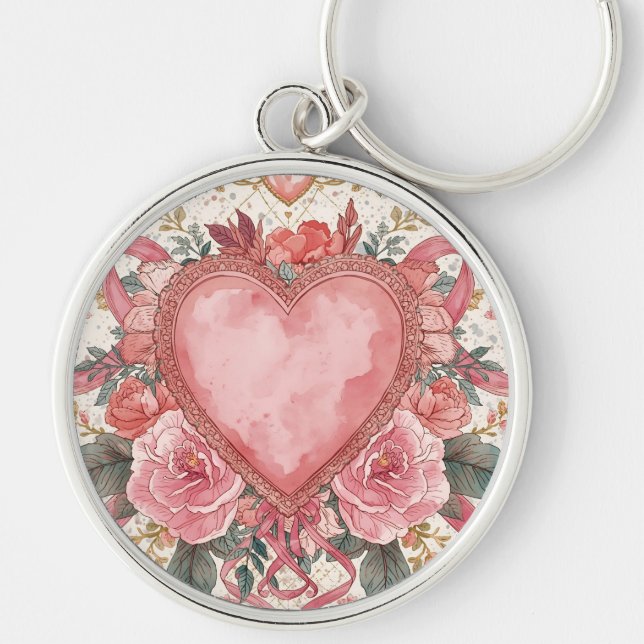 Llavero Lujo, San Valentín, Corazón Rosa de Amor , Patrón  (Frente)
