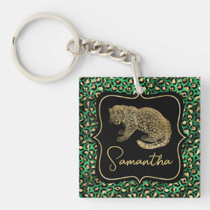 Llavero Lujo Verde Estampado Leopardo Dorado Monograma Ani