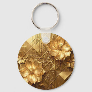 Llavero Lujoso patrón floral Art Déco dorado con relieve