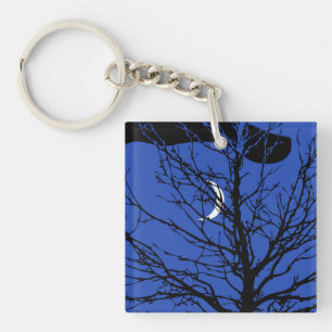 Llavero Luna con árbol, azul cobalto, negro y blanco