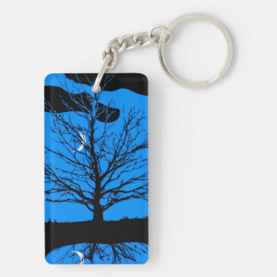 Llavero Luna con árbol, azul profundo, negro y blanco