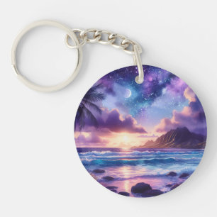 Llavero Luna de Playa Tropical Cielo Nocturno Púrpura
