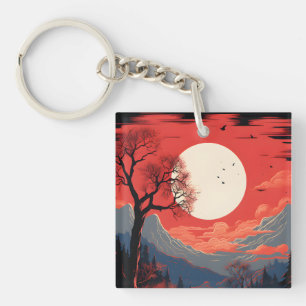 Llavero Luna Etérea En Un Cielo Rojo Sobre Las Montañas