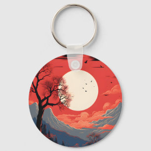 Llavero Luna Etérea En Un Cielo Rojo Sobre Las Montañas