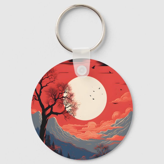 Llavero Luna Etérea En Un Cielo Rojo Sobre Las Montañas (Anverso)