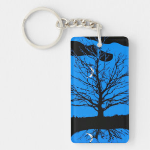 Llavero Luna y árbol, azul cobalto, negro y blanco