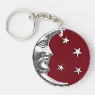 Llavero Luna y estrellas Art Deco - Rojo oscuro y plateado