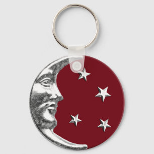 Llavero Luna y estrellas Art Deco - Rojo oscuro y plateado