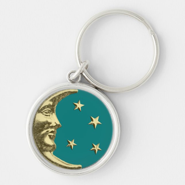 Llavero Luna y estrellas Art Deco - Verde azulado y dorado (Frente)