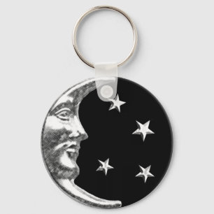 Llavero Luna y estrellas del art déco - negro y plata
