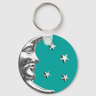 Llavero Luna y estrellas del art déco - turquesa y plata