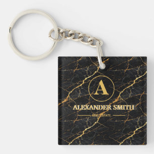 Llavero Luxury Black Marble Gold Monogram Business Brand