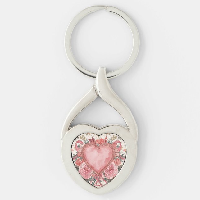 Llavero Luxury,Valentine, Love Pink Heart ,Flowers Pattern (Anverso)