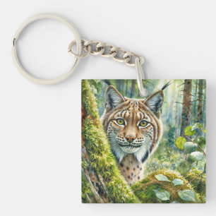 Llavero Lynx en la exuberante acuarela del bosque verde