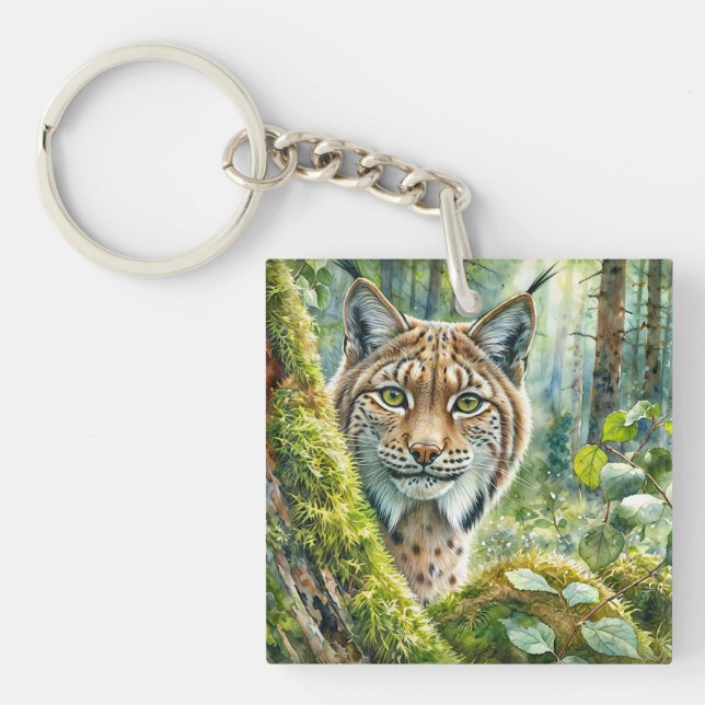 Llavero Lynx en la exuberante acuarela del bosque verde (Frente)