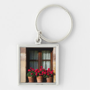 Llavero Macetas de flores en la ventana en el pueblo