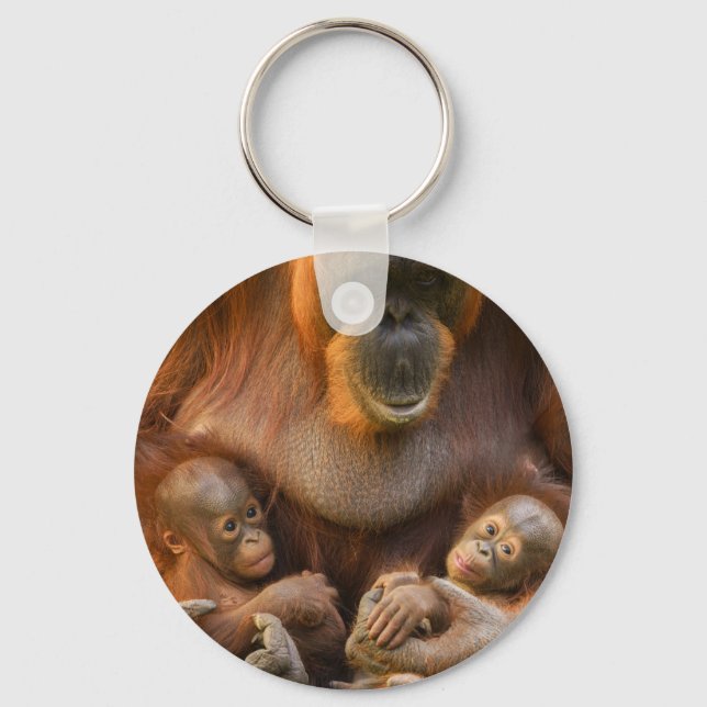 Llavero Madre de Orangutan sosteniendo dos bebés (Anverso)
