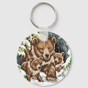 Llavero Madre de oso pardo y cachorros en invierno