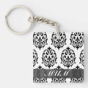 Llavero Madre personalizada de damasco blanco y negro