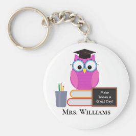 Llavero Maestra De Lechuza Rosa A La Escuela Monograma