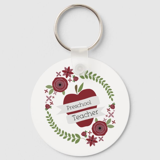 Llavero Maestra de Preescolar Floral Wreath Red Apple (Anverso)