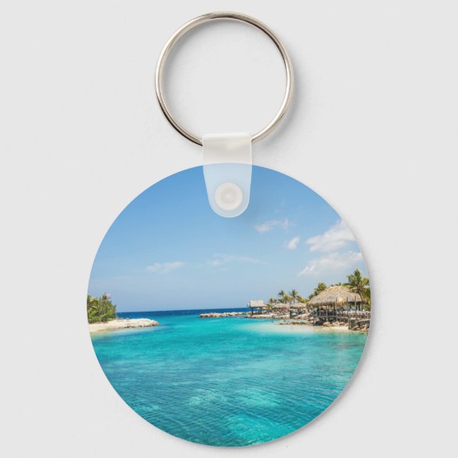 Llavero Magnífica playa tropical azul con cabañas de paja (Anverso)