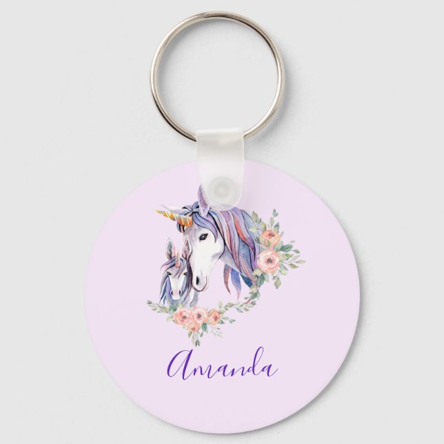 Llavero Magnífica unicornio, mamá y bebé acuarela (Anverso)